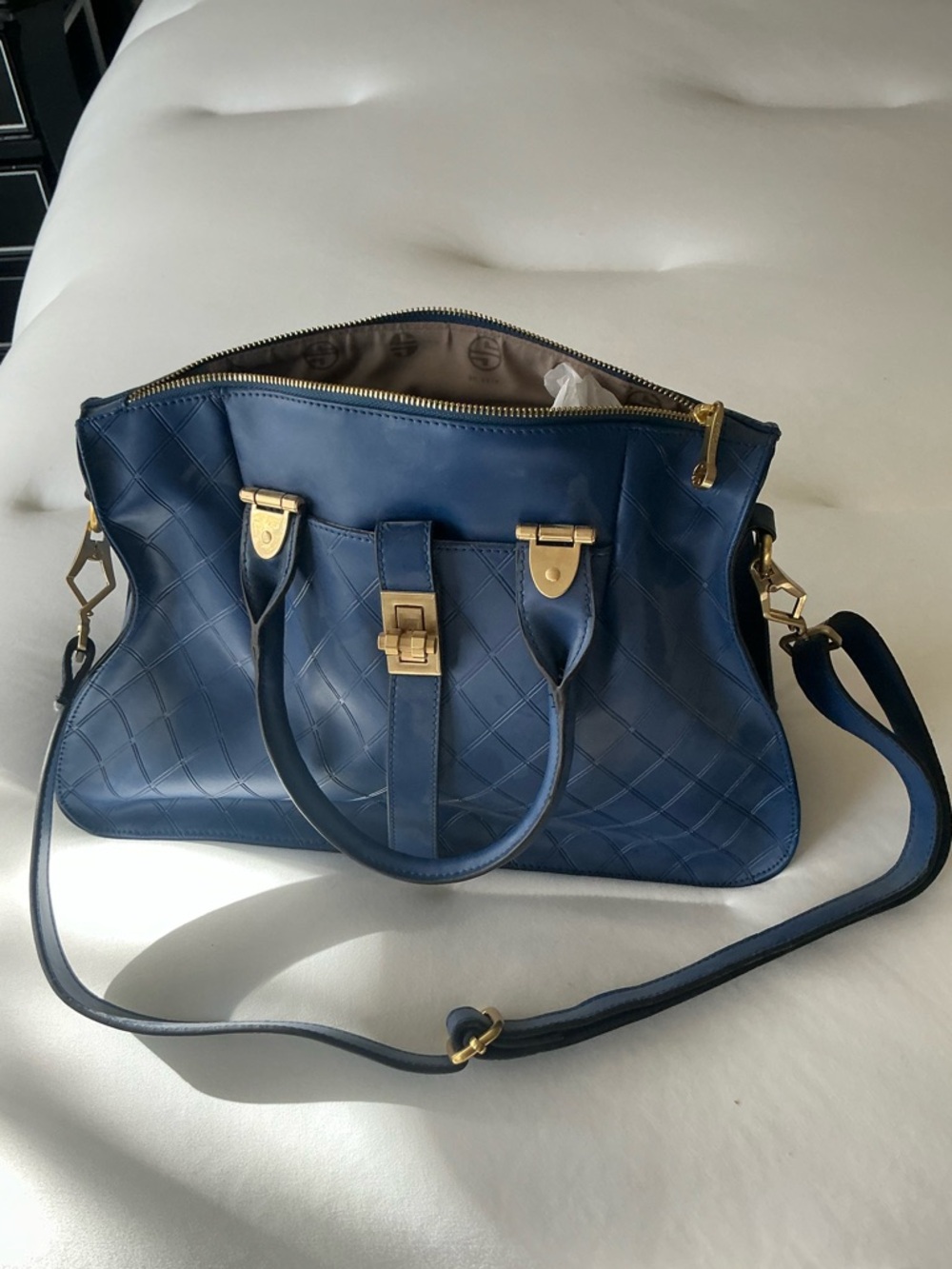 Navy Quilted Leather Shoulder Satchel with Gold Hardware